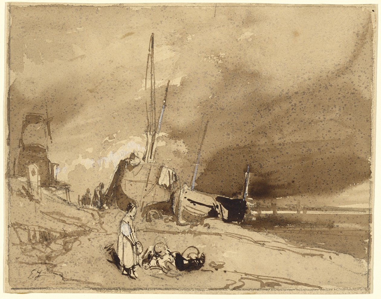 Bord de Plage (Kalastusveneet rannalla, myrskypilvet kaukana) tekijältä Eugene Isabey