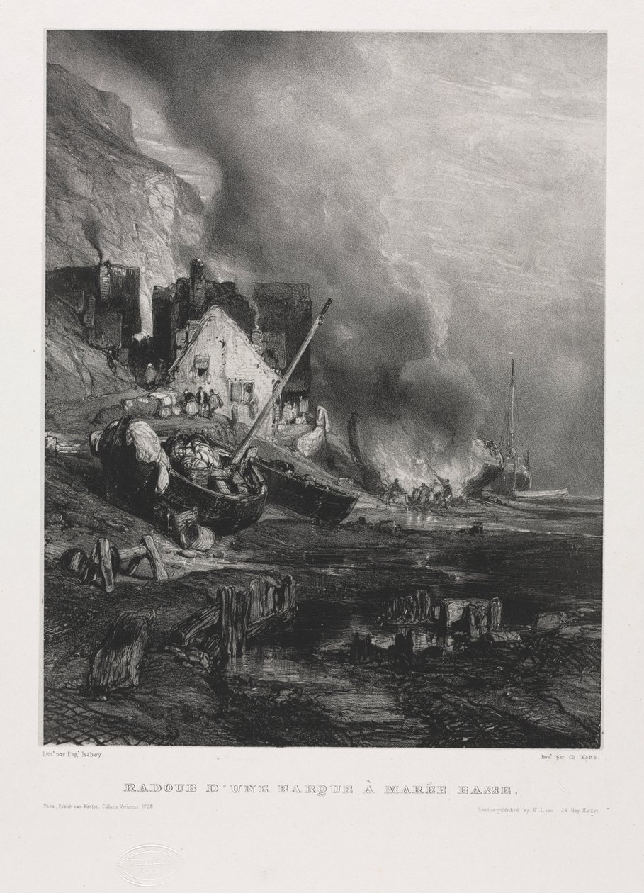 Kuusi merijalkaväkeä: Veneen asentaminen laskuveden aikaan, 1833. tekijältä Eugene Isabey