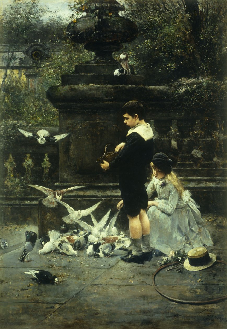 Kyyhkysten ruokkiminen, 1887 tekijältä Eugene Joors