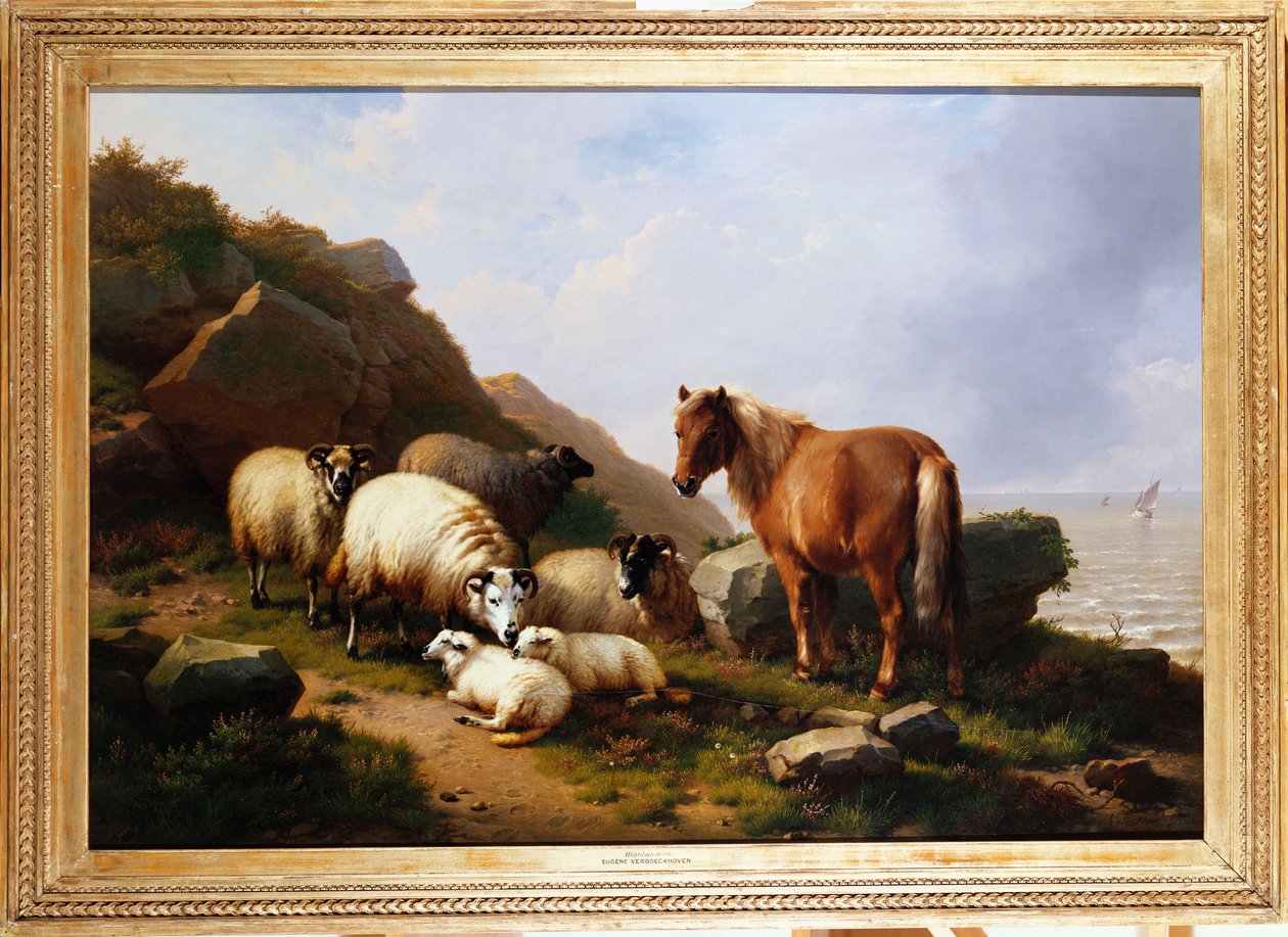 Poni ja lammas kalliolla, jonka takana on purjelaiva, 1868 tekijältä Eugene Joseph Verboeckhoven