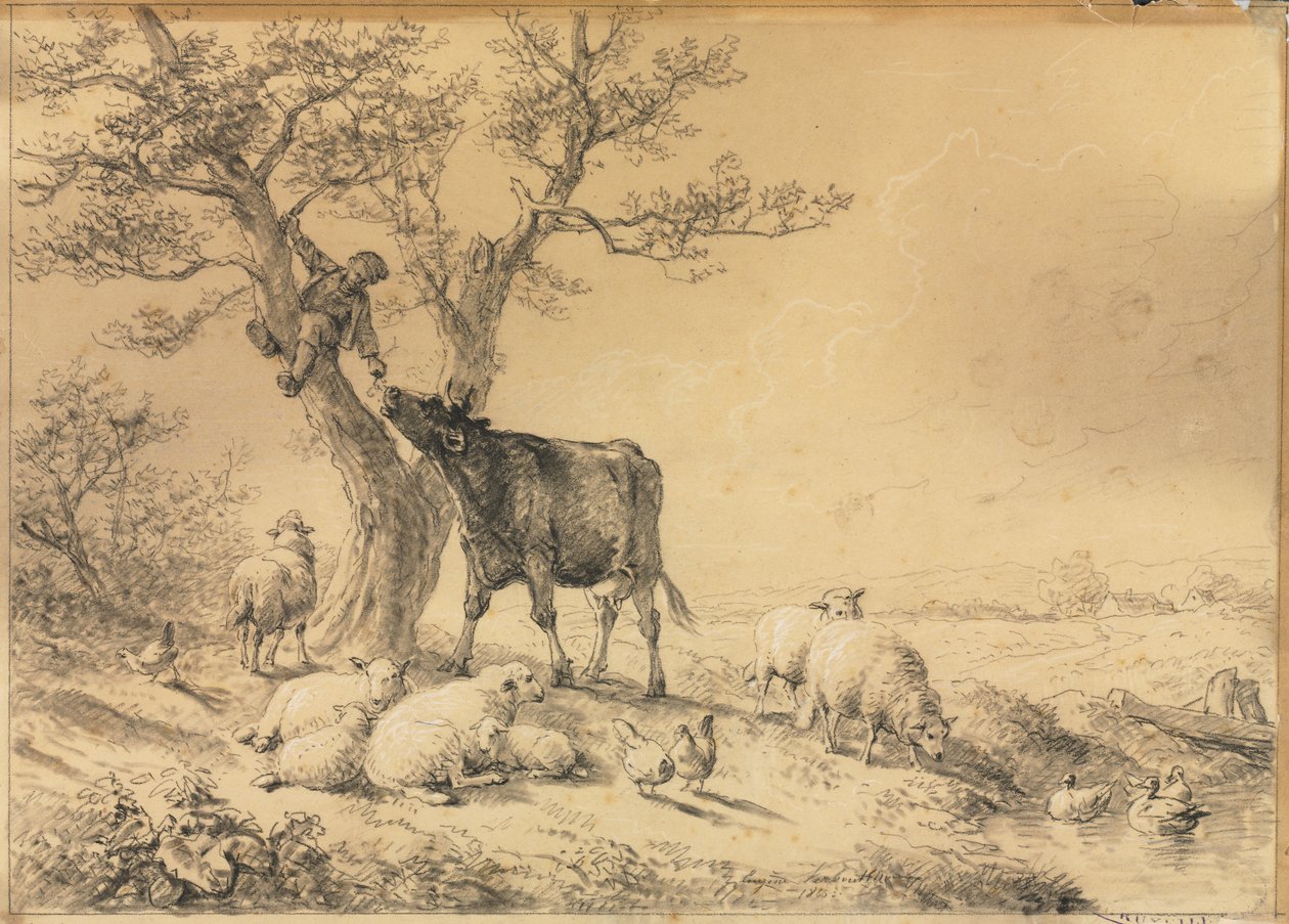 Maisema eläinten kanssa ja poika puussa, 1866. tekijältä Eugene Joseph Verboeckhoven