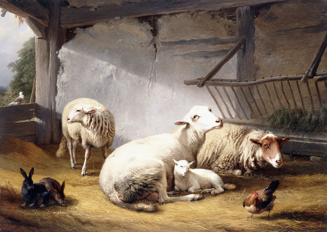 Lampaat, kanit ja kana navetassa, 1859 tekijältä Eugene Joseph Verboeckhoven