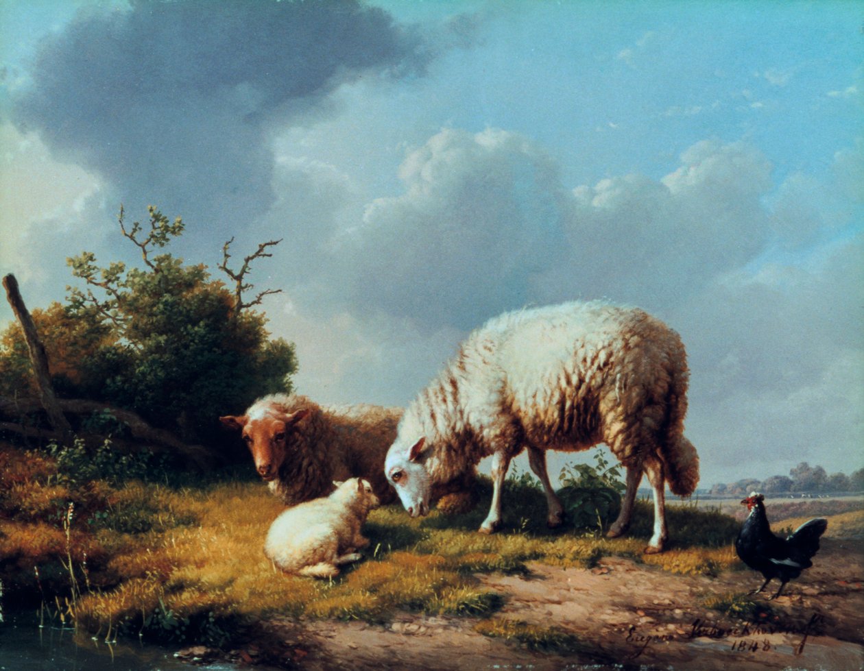 Lampaat ja siipikarja maisemassa, 1800-luku. tekijältä Eugene Joseph Verboeckhoven