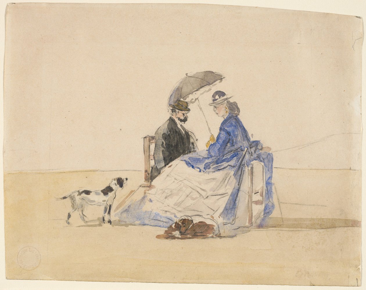 Pari istuu rannalla kahden koiran kanssa, c. 1865. tekijältä Eugene Louis Boudin