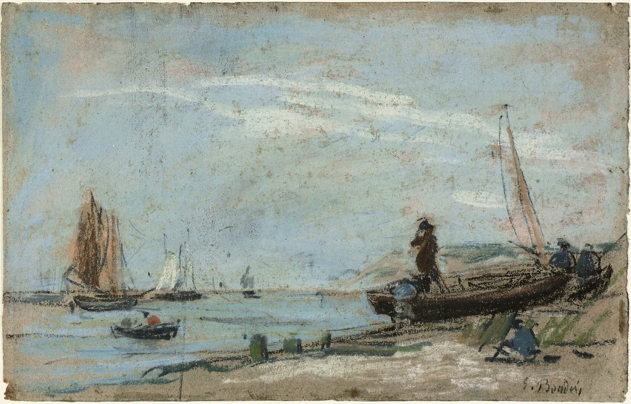 Ranta kalastusveneineen (recto); Maisema maanviljelijän kyntämässä peltoa (käänteinen) tekijältä Eugene Louis Boudin
