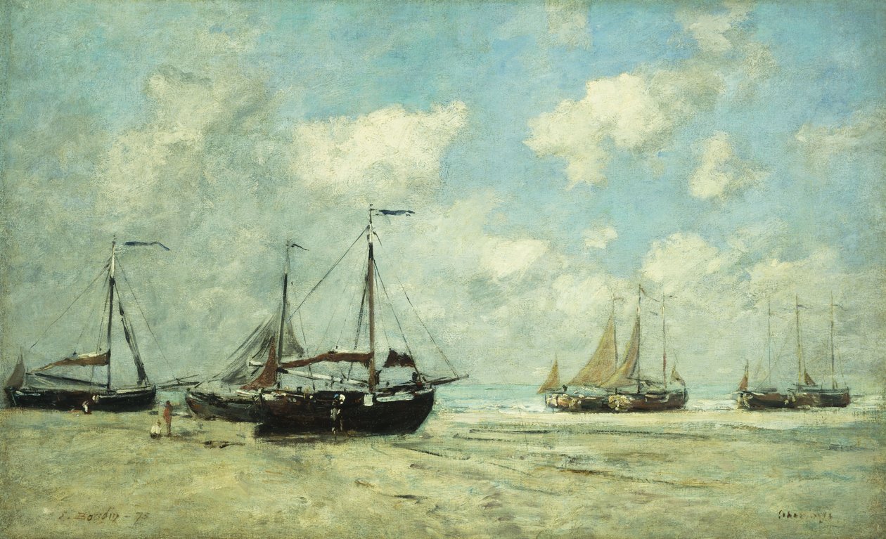 Veneitä Scheveningenin rannalla; Scheveningen, Laivat juuttuneet Greveen, 1875 tekijältä Eugene Louis Boudin