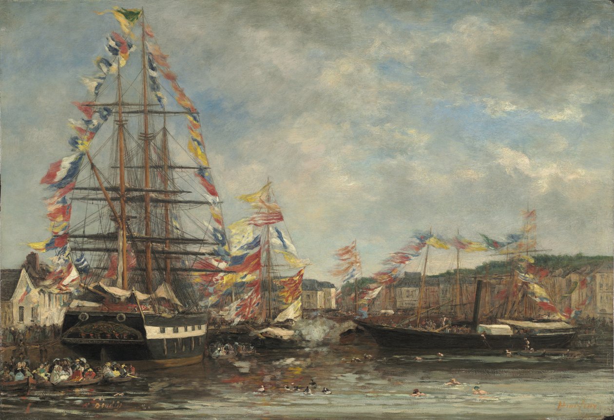 Juhla Honfleurin satamassa, 1858 (öljy puulle) tekijältä Eugene Louis Boudin
