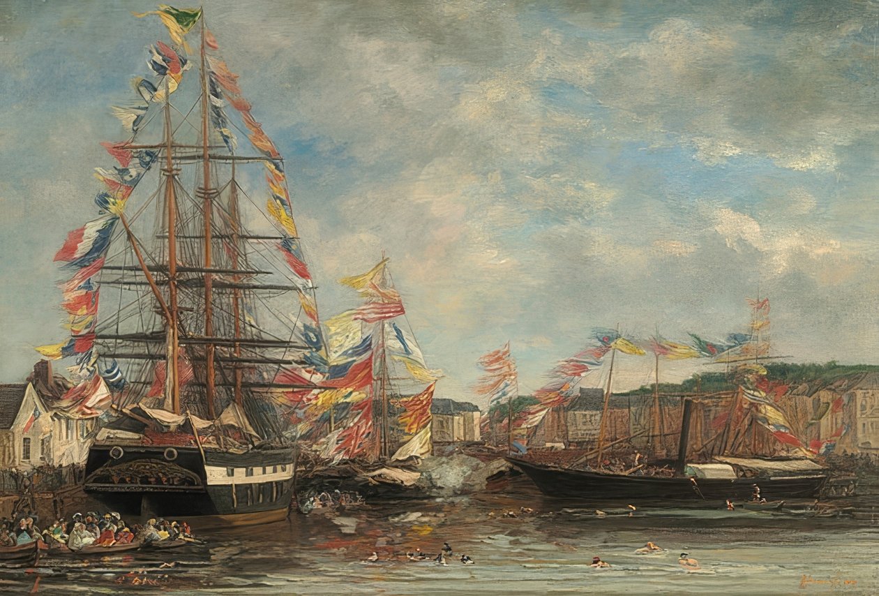 Festivaalipäivä Honfleurin satamassa. 1858 tekijältä Eugene Louis Boudin