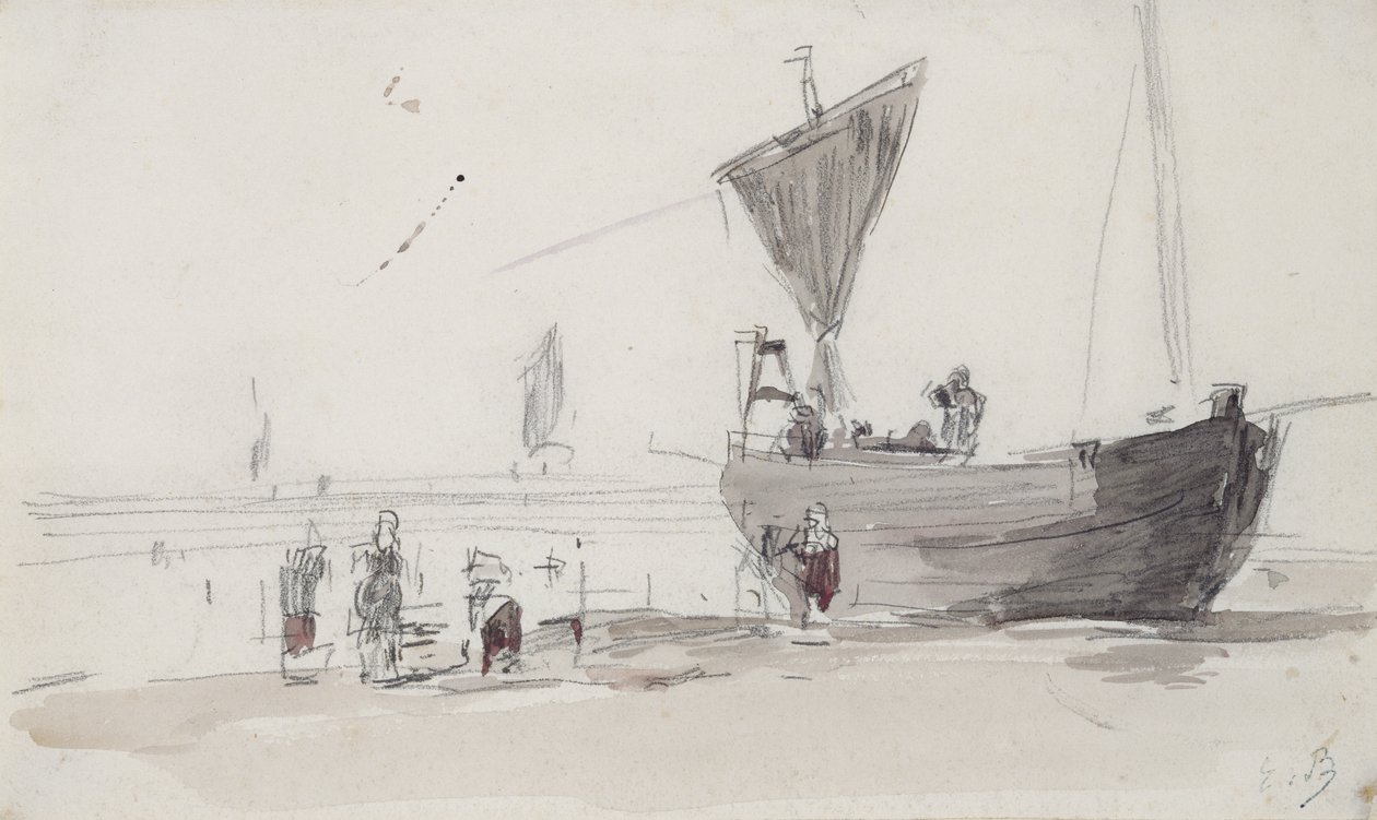 Kalastusvene rannalla (kynä ja wc paperilla) tekijältä Eugene Louis Boudin
