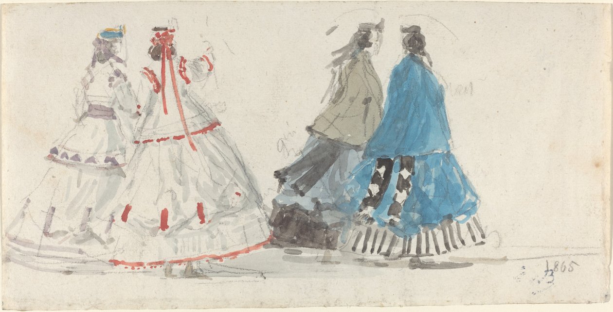 Quatre dames en crinolines caminant per Trouville, 1865. finlandès tekijältä Eugene Louis Boudin