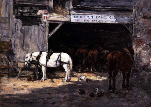 Hevoset vuokralle pihalla, n. 1885-1890 (öljy paneeliin) tekijältä Eugene Louis Boudin