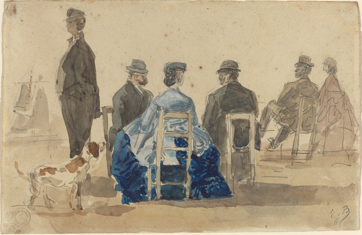 Naiset ja herrat istuvat rannalla koiran kanssa, 1866. tekijältä Eugene Louis Boudin