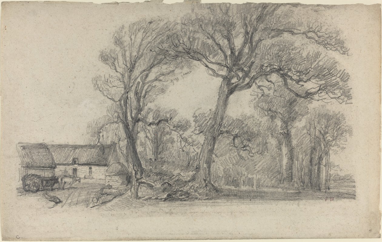 Maisema puita, mökki ja maatilavaunu, c. 1858. tekijältä Eugene Louis Boudin