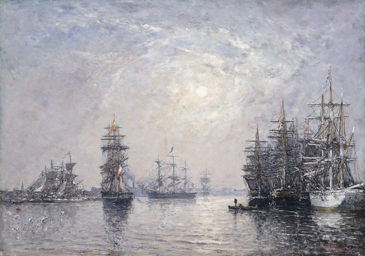 Le Havre, Eure Basin, purjeveneet ankkurissa, auringonlasku; Le Havre, Eure Basin, Purjeveneet ankkurissa, Laskeva aurinko, 1870 tekijältä Eugene Louis Boudin
