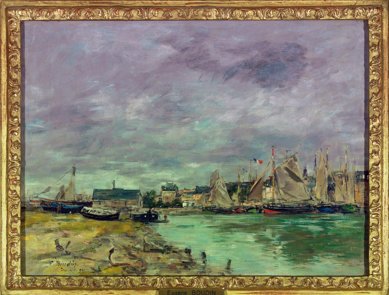 Trouvillen satama (Trouville-sur-Mer), Calvados-maalaus Eugene Louis Boudin (1824-1898) 1891 Koko 0,41 x 0,55 m Pariisin Louvre-museo Pakollinen maininta: Lahjoitus Helene ja Victor Lyon tekijältä Eugene Louis Boudin