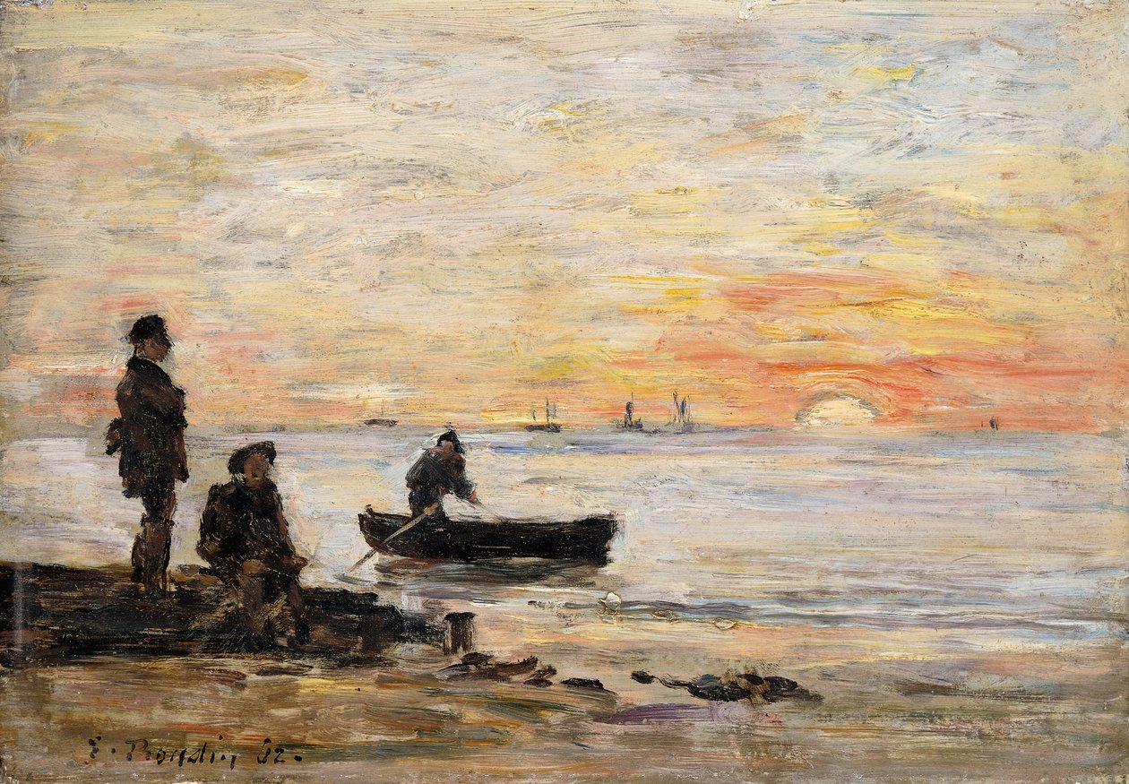Laskuvesi - Ranta ja kalastajat auringonlaskun aikaan; Laskuvesi - Ranta ja kalastajat auringonlaskun aikaan, 1862 tekijältä Eugene Louis Boudin