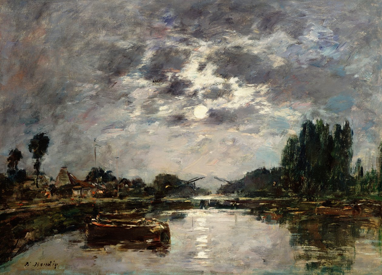 Moonlight, Canal de St. Valery, 1891 tekijältä Eugene Louis Boudin