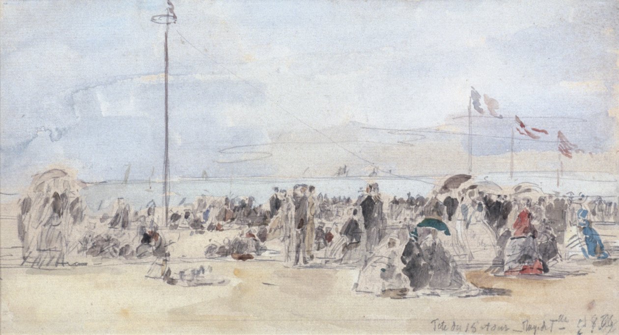 People on the Beach, Trouville, 1866 (wc ja grafiitti paperille) tekijältä Eugene Louis Boudin