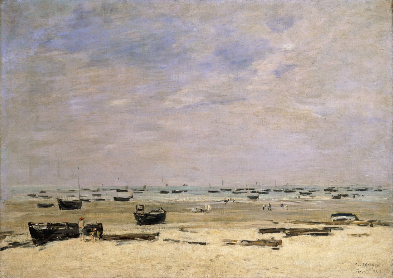 Jokiproomut laskuveden aikaan; Berck le Rivage ja Maree Basse, 1882 tekijältä Eugene Louis Boudin