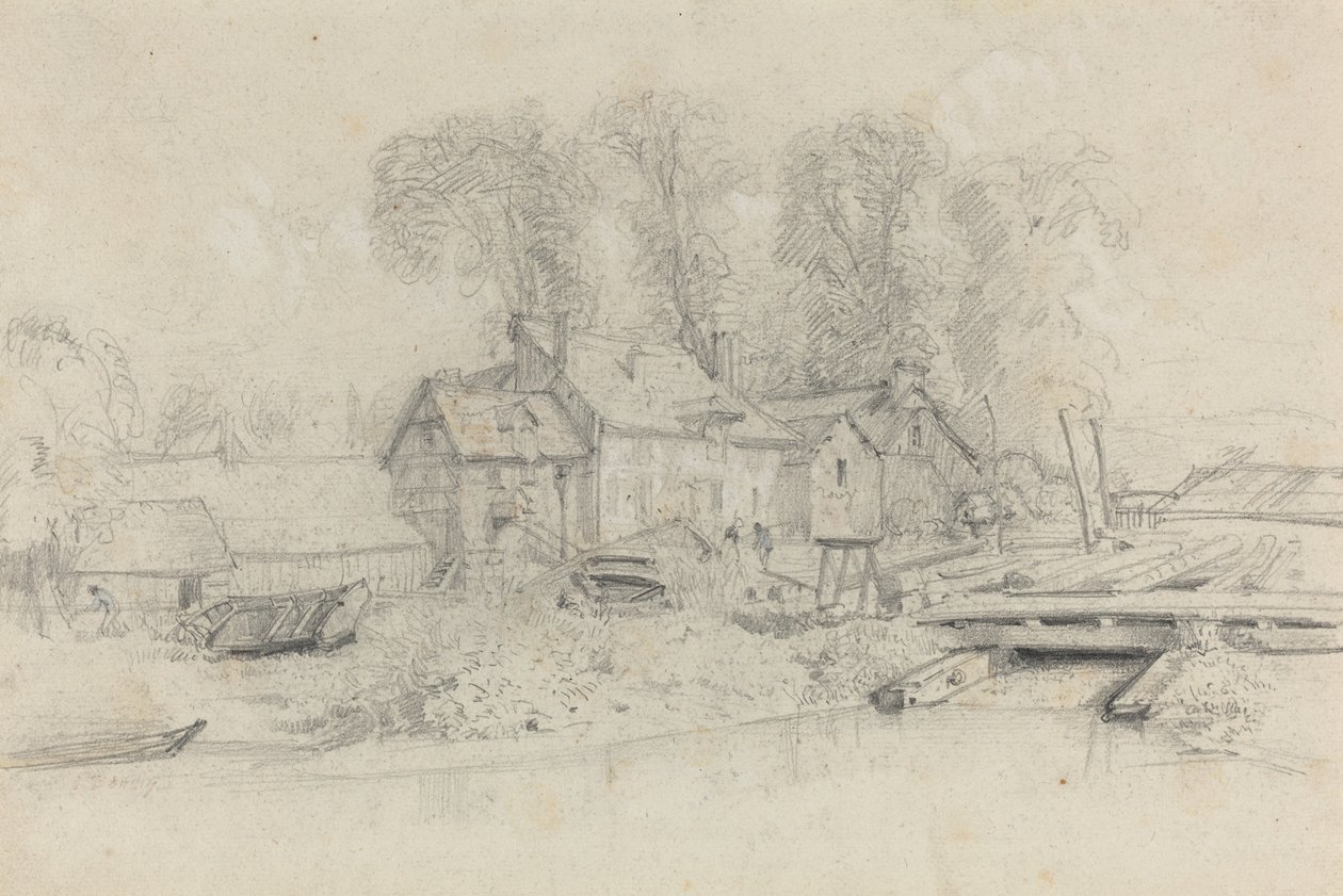 Jokimaisema rakennuksilla, veneillä ja hahmoilla, c. 1858. tekijältä Eugene Louis Boudin