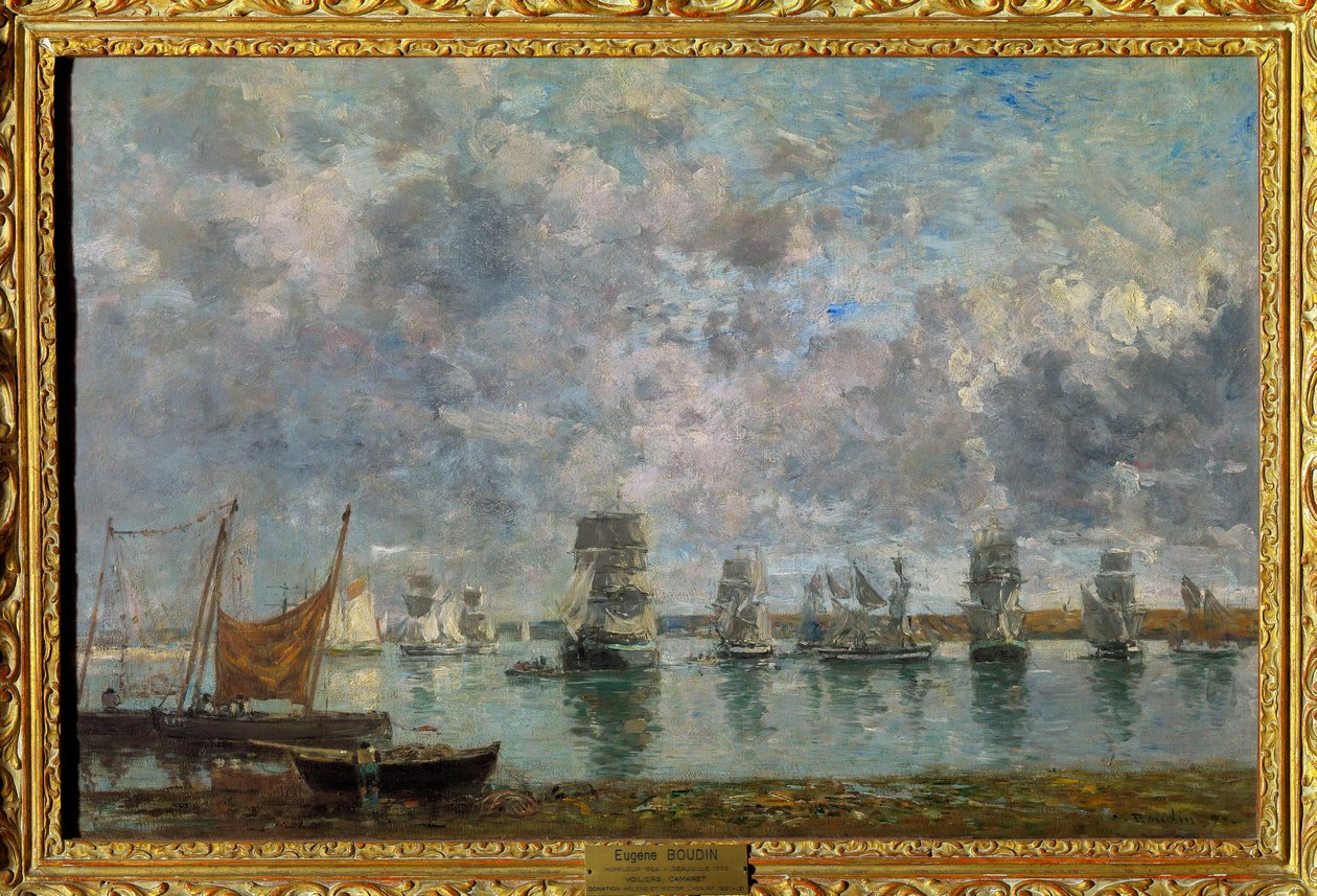 Purjeveneet, Camaret-veneet Camaret sur Merissä (Camaret-sur-Mer, Finistere) Eugene Louis Boudinin (1824-1898) maalaus 1872 Dim 0,50 x 0,76 m Paris Louvre -museo Pakollinen maininta: Lahjoitus Helene ja Victor Lyon tekijältä Eugene Louis Boudin