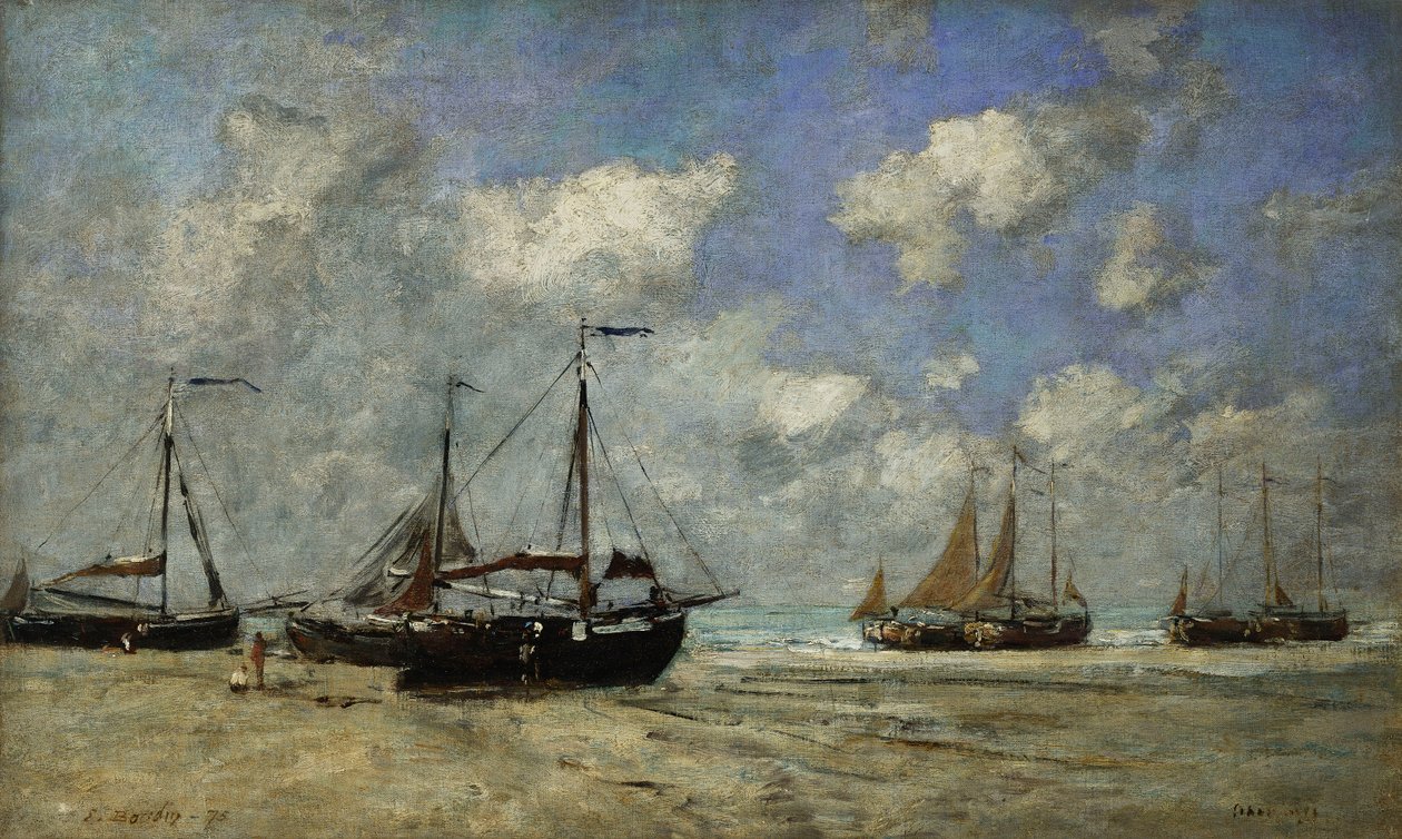 Scheveningen, Boat Run karille rannalla; Scheveningen, Laivat juuttuneet Greveen, 1875 tekijältä Eugene Louis Boudin