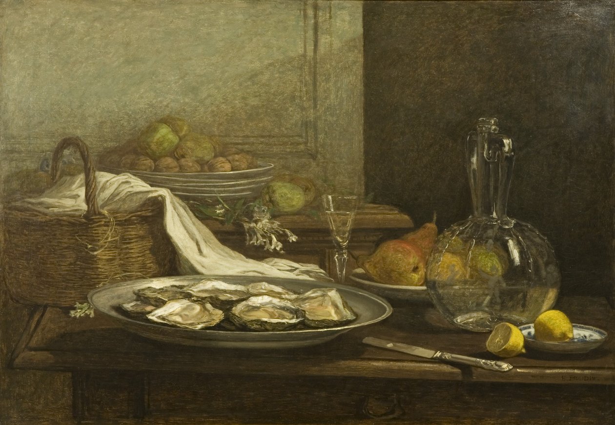 Asetelma ostereiden kanssa, n. 1850 (öljy kankaalle) tekijältä Eugene Louis Boudin