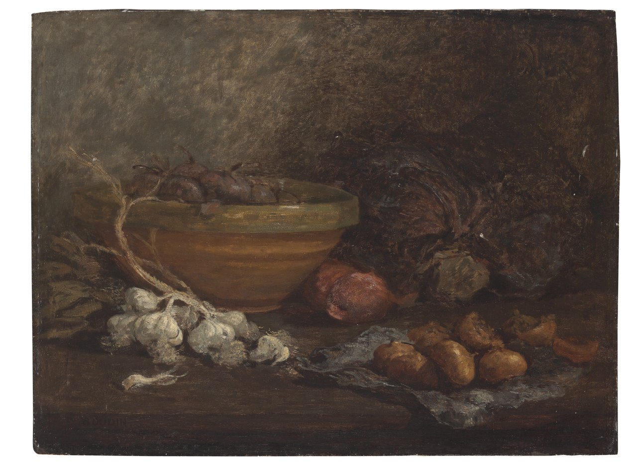 Asetelma sipulilla, n. 1853-56 tekijältä Eugene Louis Boudin
