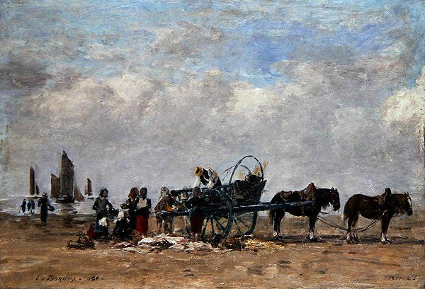 The Fish Cart, Berck, n. 1880 (öljy kankaalle asetettu paneeliin) tekijältä Eugene Louis Boudin