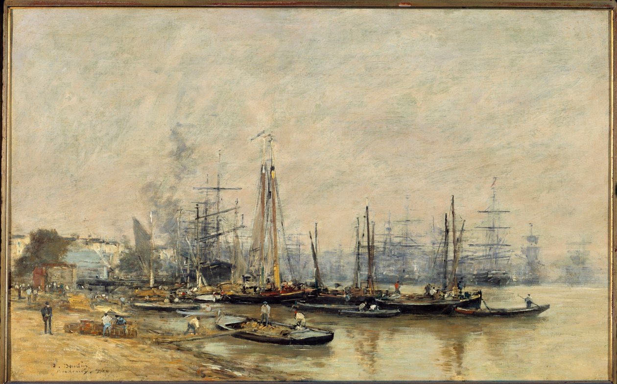 Bordeaux Vesselsin satama Garonnen varrella. Eugene Louis Boudinin (1824-1898) maalaus 1874 su. 0,41x0,65 m Pariisi, musee d