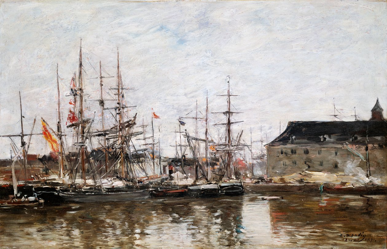 Three-Masters in Dock, Antwerpen, 1871 tekijältä Eugene Louis Boudin