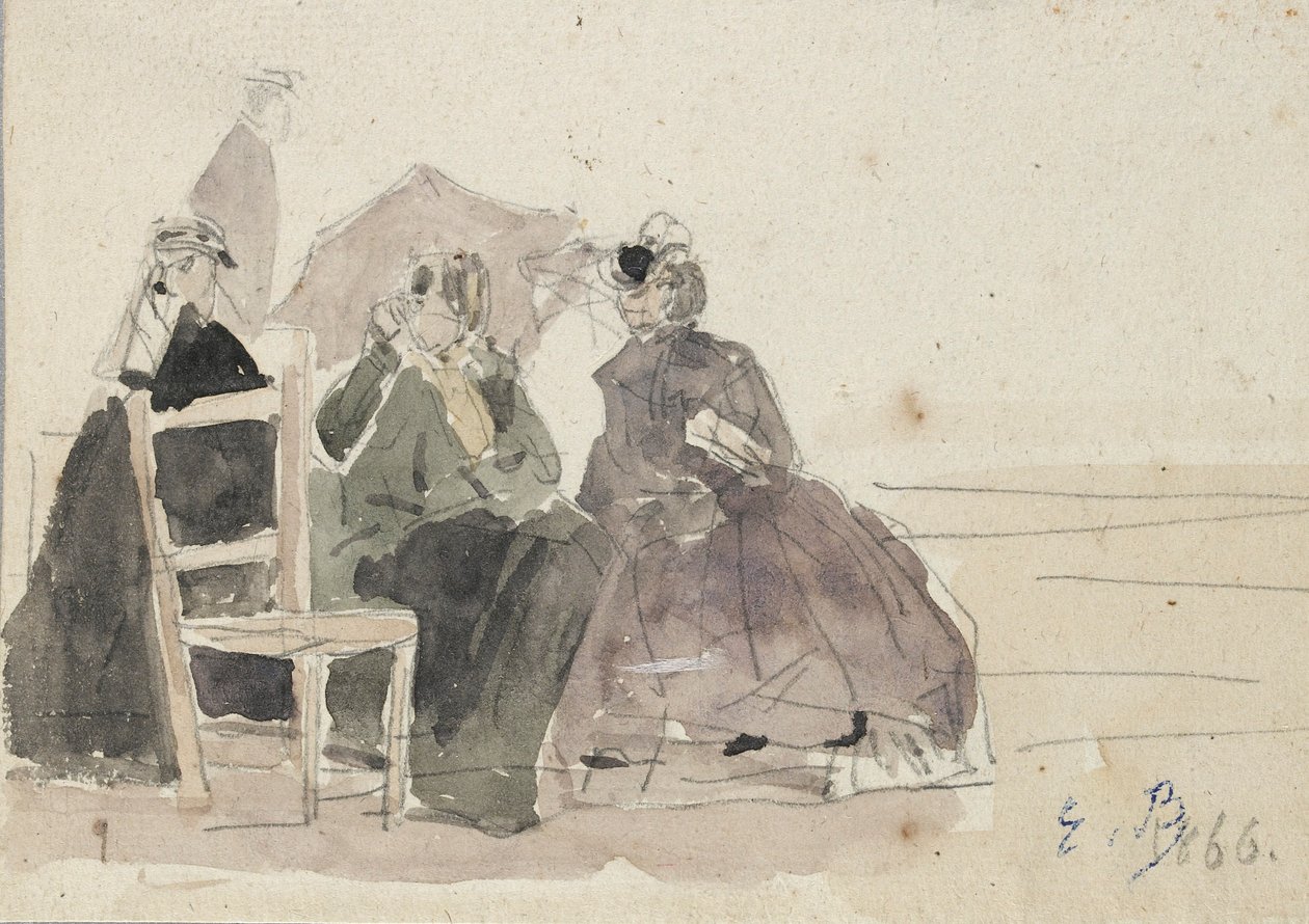 Kolme naista istumassa tuoleilla rannalla, 1800-luvun loppu tekijältä Eugene Louis Boudin