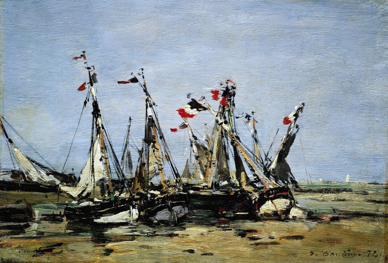 Trouville (Ranska), vuoroveden tuloa odotellessa, kalastusveneet rannalla, koristeltu Ranskan lipuilla, Ranskan vuoden 1789 vallankumouksen muistoksi. tekijältä Eugene Louis Boudin