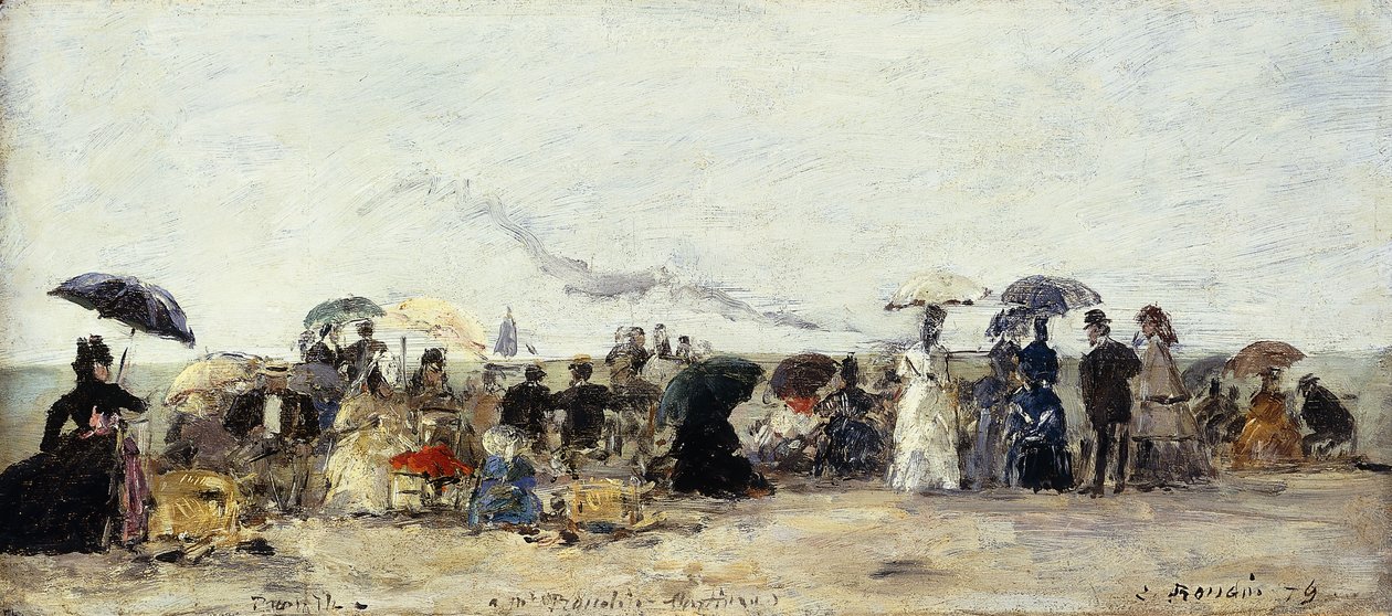 Trouville, Beach Scene; Trouvillen rantakohtaus, 1879 tekijältä Eugene Louis Boudin