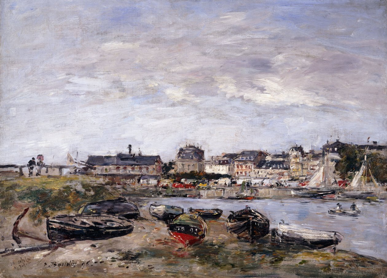 Trouville: Näkymä kohti Deauvilleä markkinapäivänä; Trouville: Näkymä otettu Deauvillesta, päivän kävely, 1895 tekijältä Eugene Louis Boudin