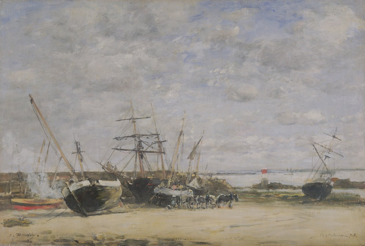 Aluksia ja hevosia rantaviivalla tekijältä Eugene Louis Boudin