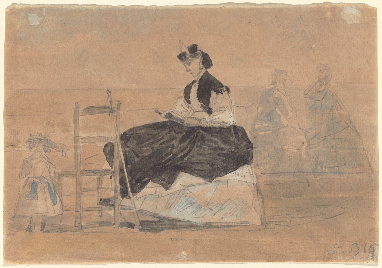 Nainen krinoliinissa Trouvillen rannalla, n. 1865. tekijältä Eugene Louis Boudin