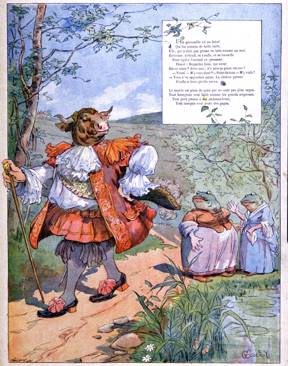 Sammakko, joka halusi tulla yhtä suureksi kuin härkä, c. 1900 (kaiverrus) tekijältä Eugene Louis Gillot