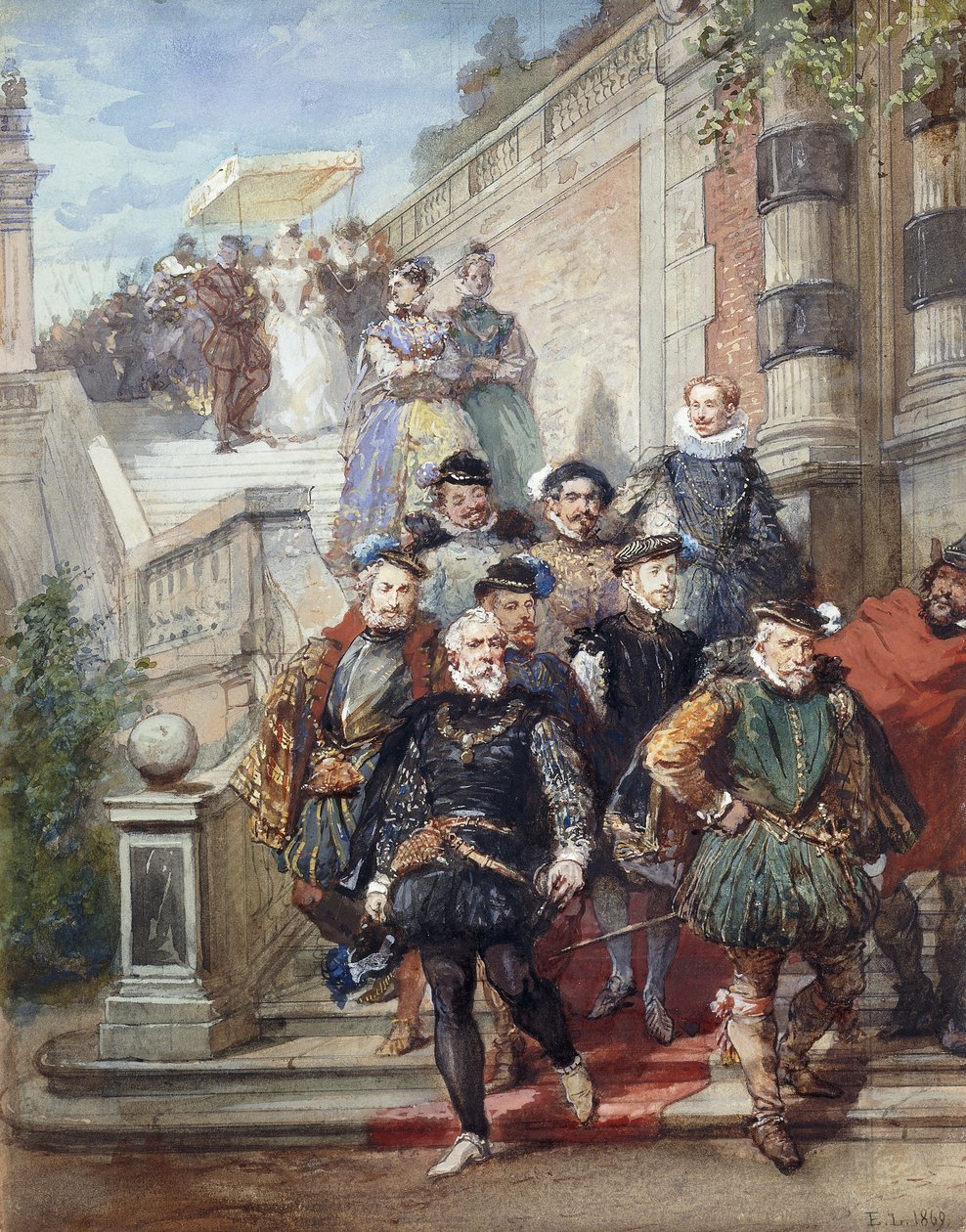 Kuninkaallinen kulkue laskeutumassa portaita pitkin puutarhassa, 1869 tekijältä Eugene Louis Lami