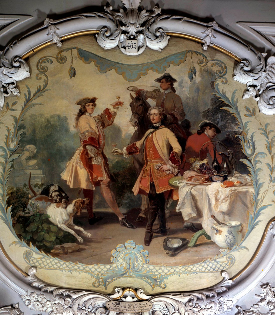 Metsästyslounas 1700-luvulla Eugene Louis Lamin (1800-1890) maalaus 1800-luvun Chantilly, Musee Conde tekijältä Eugene Louis Lami