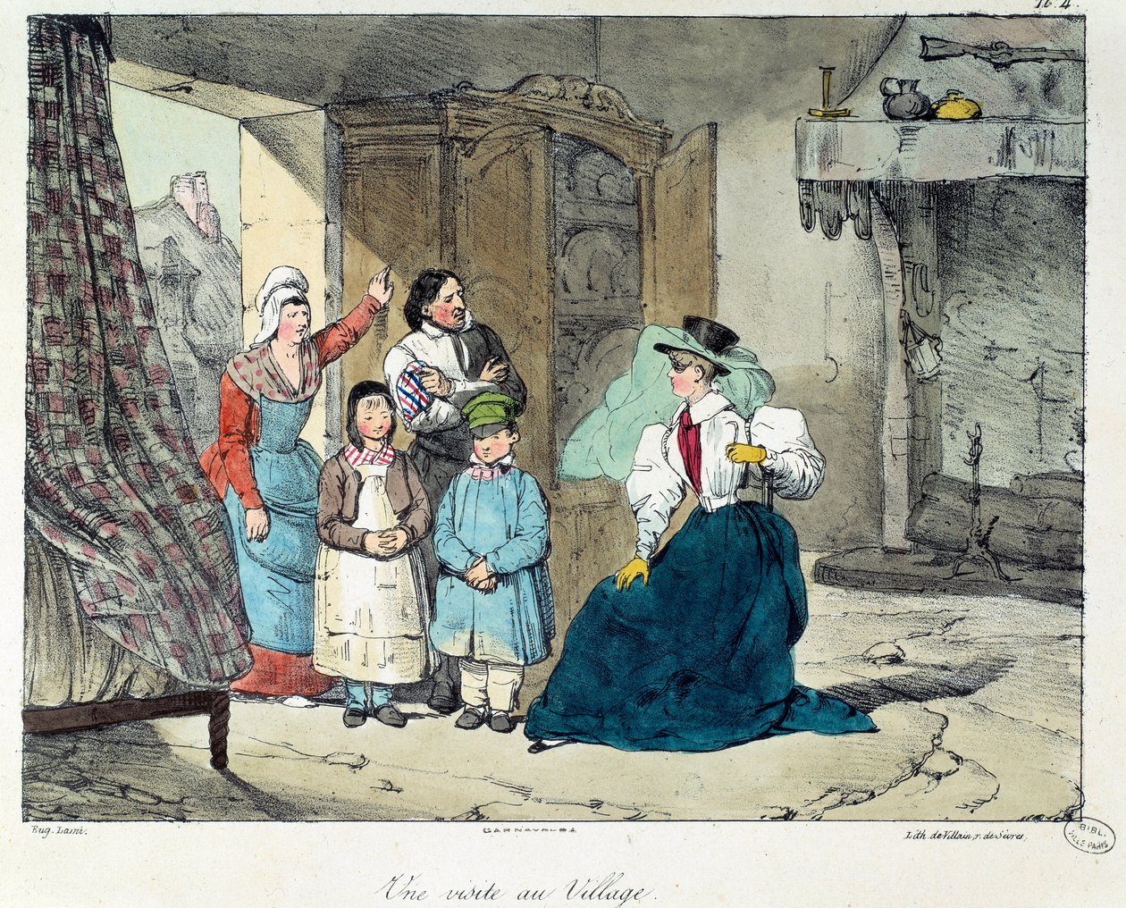 Vierailu kylässä. Rikas nainen vierailee köyhän perheen luona. Kuvitus kirjasta "La vie de chateau". Kaiverrus: Eugene Louis Lami (1800-1890) tekijältä Eugene Louis Lami