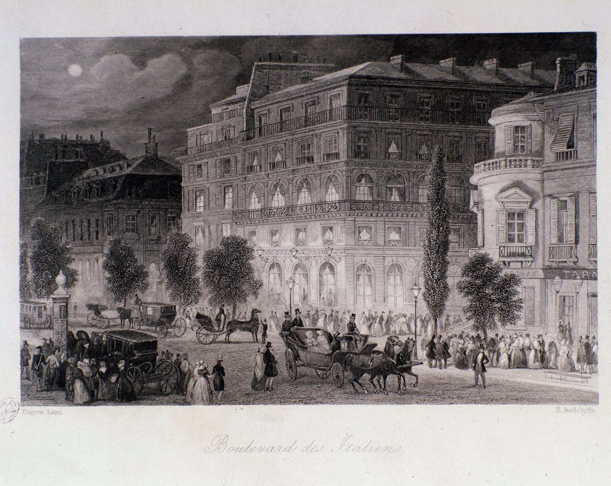Animaatiota Pariisin Boulevard des Italians -teattereiden ympärillä. Kaiverrus Eugene Louis Lami (1800-1890) 1843 Yksityinen kokoelma tekijältä Eugene Louis Lami