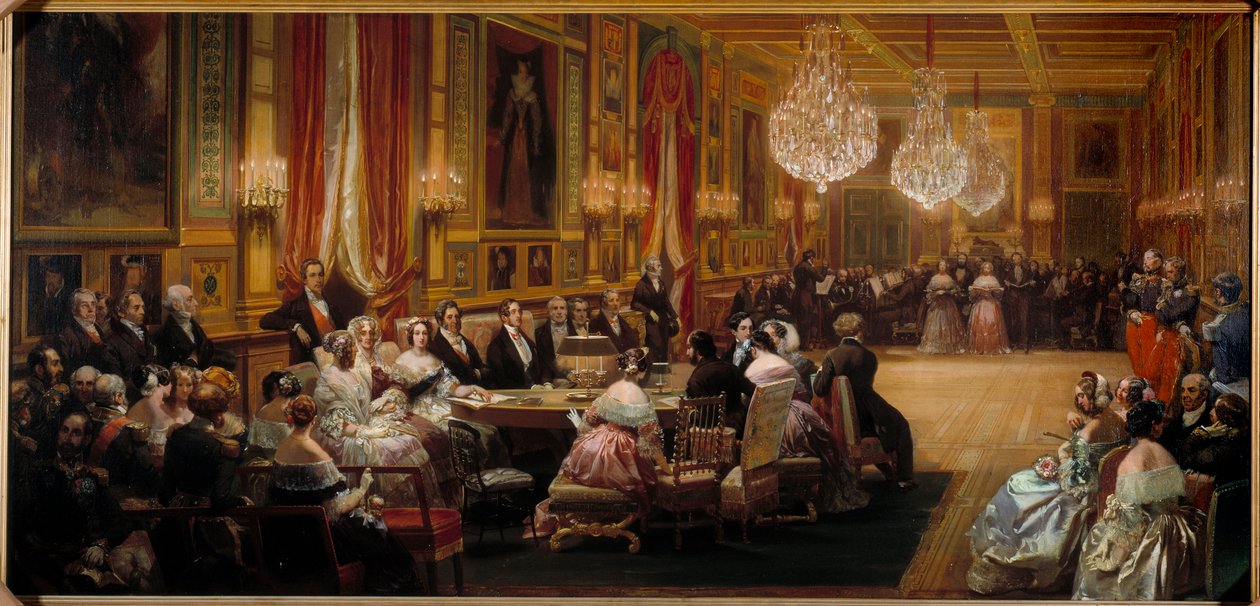 Aubert johtaa Opera comiquen laulajia Louis Philippe I:n (1773-1850), kuninkaallisen perheen, kuningatar Victorian ja prinssi Albertin edessä. Eugene Louis Lamin (1800-1890) maalaus 1844 Su. 0,83x1,72 m tekijältä Eugene Louis Lami
