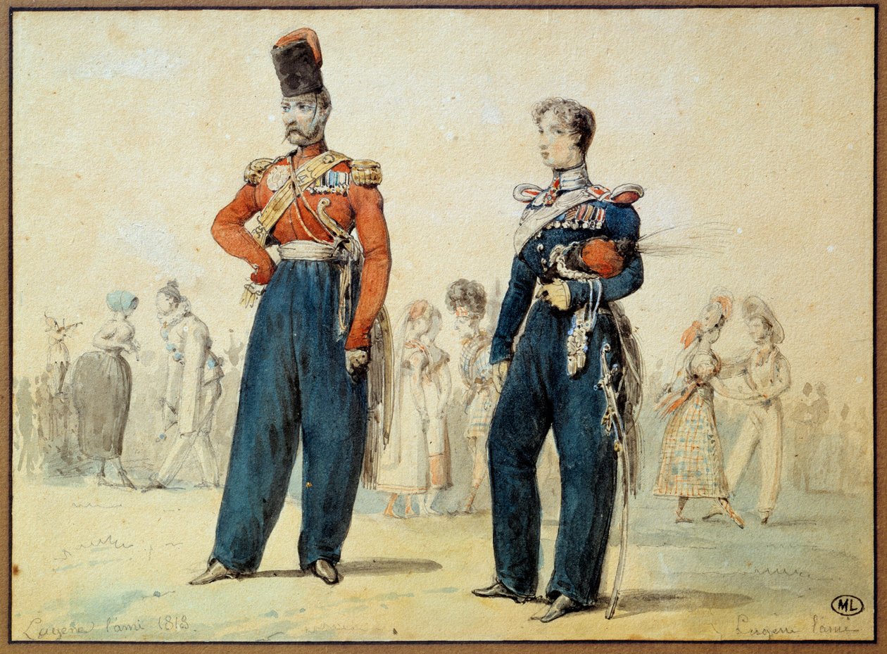 Pallopuku: kaksi miestä sotilaspukuissa. Eugene Louis Lamin (1800-1890) piirustus 1800-luvun Pariisi, Louvre-museo tekijältä Eugene Louis Lami
