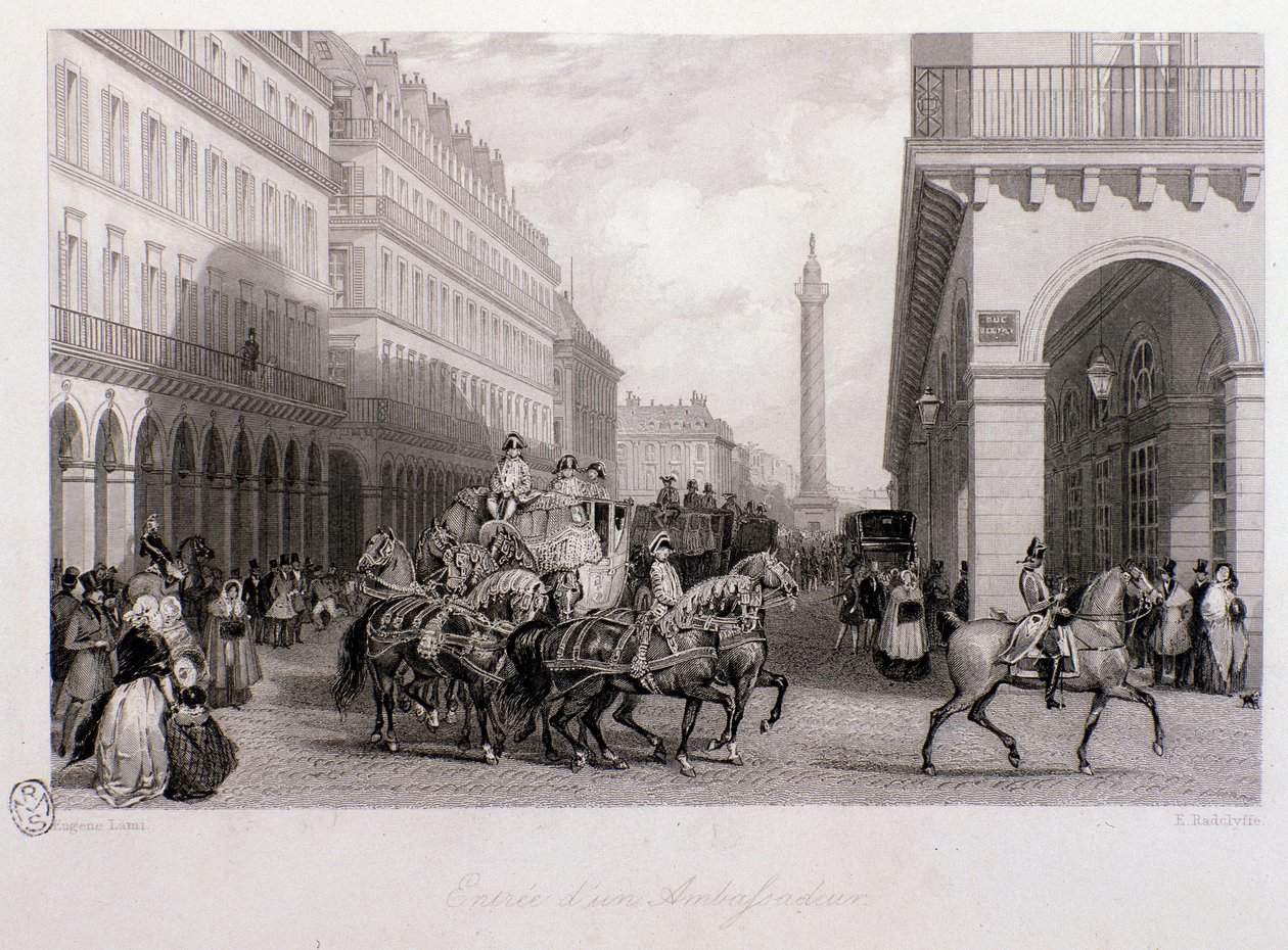 Suurlähettilään ryhmä Place de la Bourse -aukiolla hänen saapuessaan Pariisiin. Kaiverrus Eugene Louis Lami (1800-1890) 1843 Yksityinen kokoelma tekijältä Eugene Louis Lami