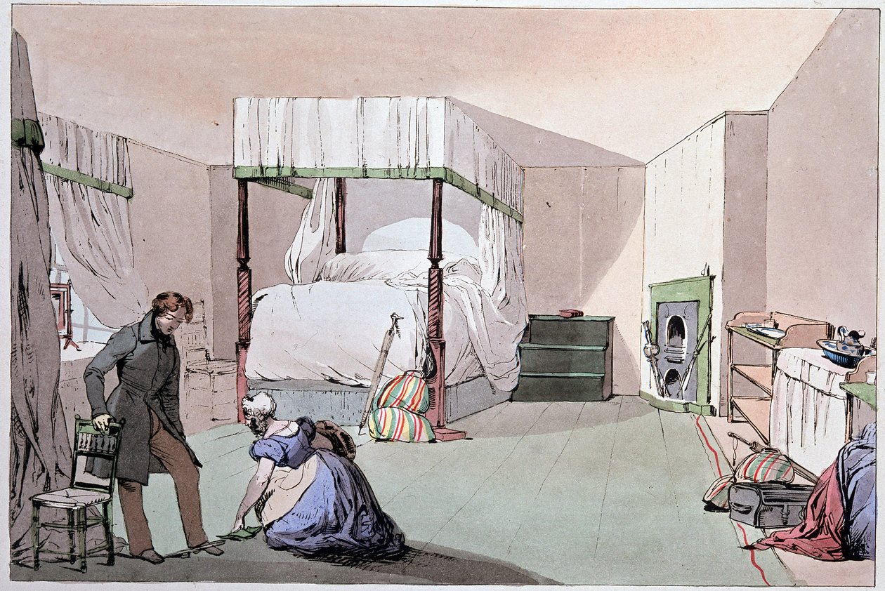 Hostelli: palvelija, joka auttaa asiakasta pukemaan kenkiä jalkaan. Kuvitus: Eugene Louis Lami (1800-1890), 1800-luvun puoliväli tekijältä Eugene Louis Lami