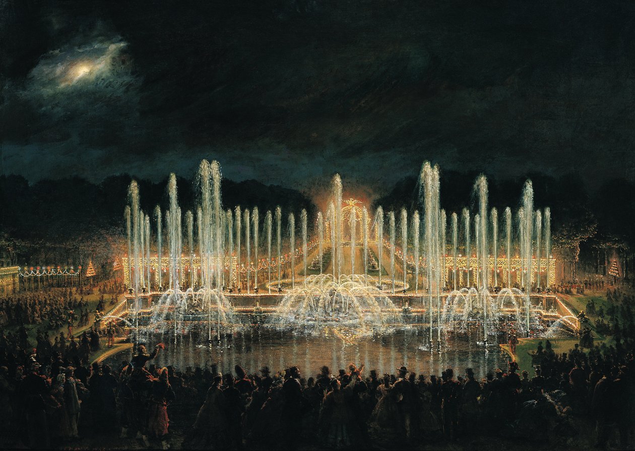 Valaistu suihkulähdenäytös Bassin de Neptunuksessa prinssi Francisco de Assisi de Bourbonin (1822-1902) kunniaksi 21. elokuuta 1864 tekijältä Eugene Louis Lami
