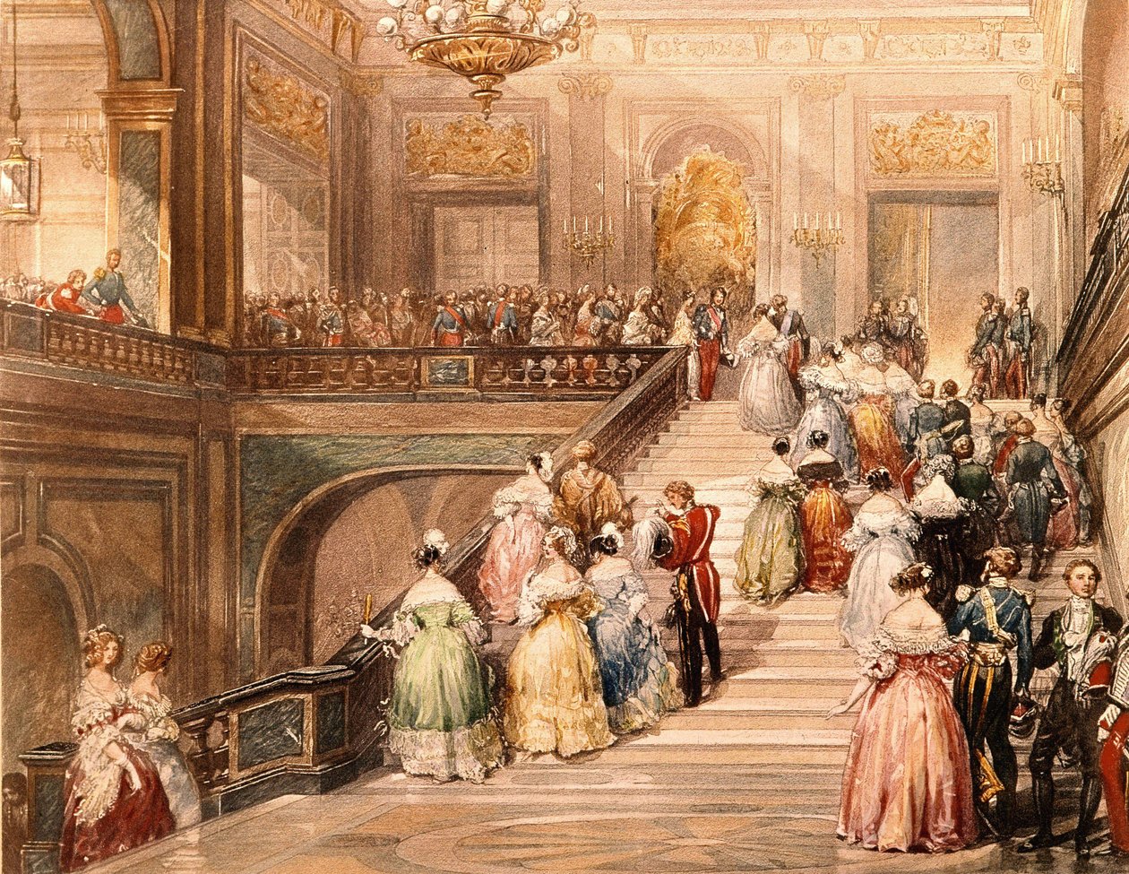 Kuningas Ludvig Philippe I (1773 - 1850) ja kuningatar Marie Amélie de Bourbon (1782 - 1866) ottivat vastaan vieraat Versailles