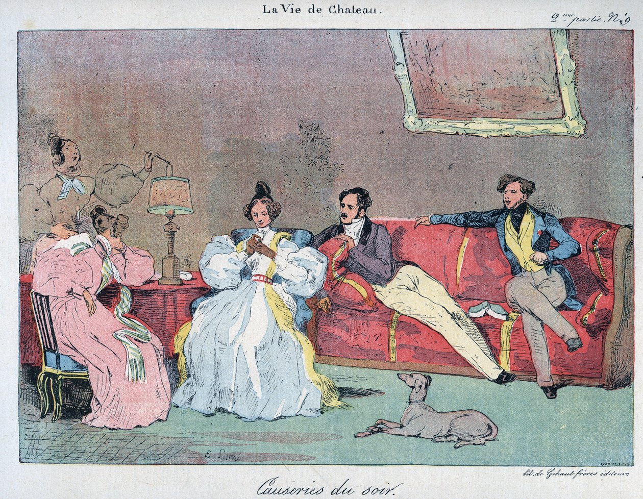 La Vie de chateau - Iltapuheet - Kuvitus: Eugene Lami (1800-1890) "" LE-RIRE" vuodelta 1885 tekijältä Eugene Louis Lami