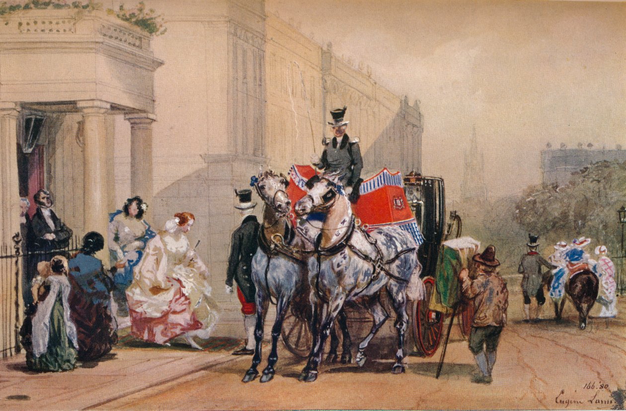 Naiset astumassa vaunuihinsa Belgrave-aukiolla 1800-luvulla tekijältä Eugene Louis Lami